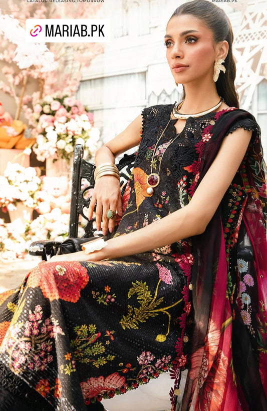 Maria B Inspired 3-Piece Suit with Chiffon Dupatta | Elegant Pakistani Wear Black (Sizes S–2XL)