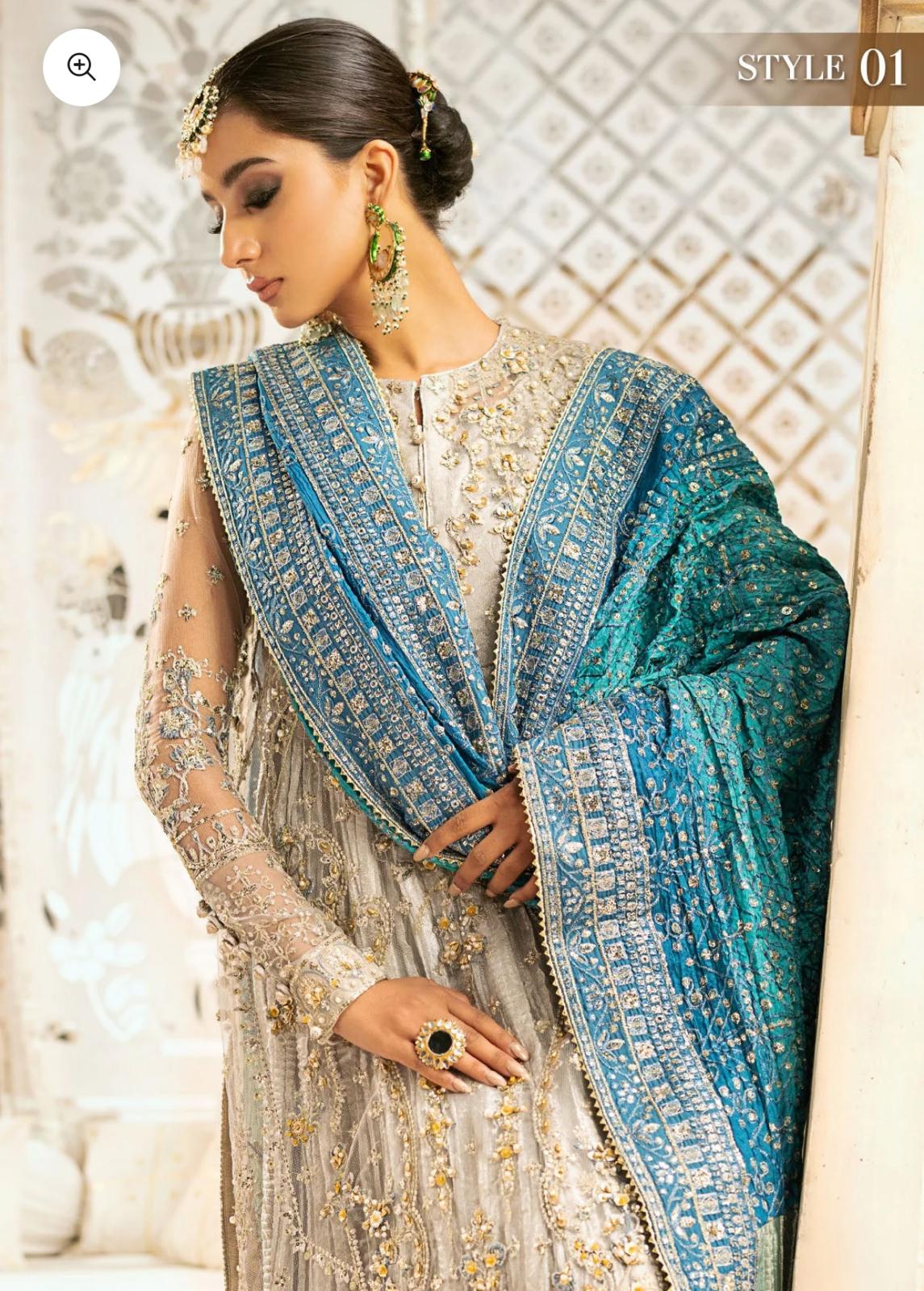 AIK Atelier Inspired – Heavy Embroidered 3-Piece Wedding Collection by Simran’s | With Heavy Embroidered Dupatta & Soft Banarsi Fabric Lehenga/Sharara-Grey Size S-XL