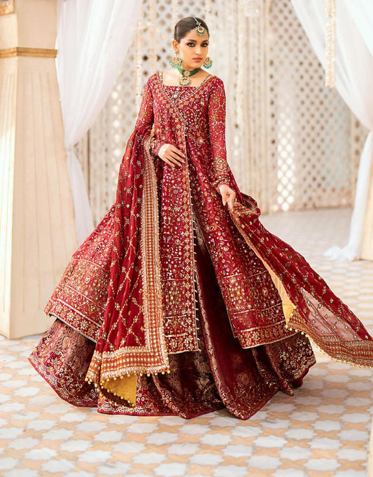 AIK Atelier Inspired – Heavy Embroidered 3-Piece Wedding Collection by Simran’s | With Heavy Embroidered Dupatta & Soft Banarsi Fabric Lehenga/Sharara- Size S-XL