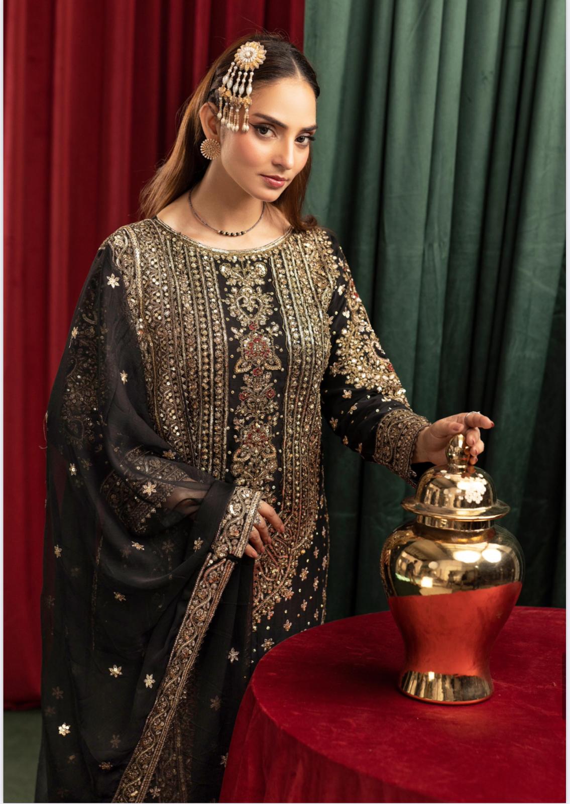 Ashiana Wedding Collection by Simran’s – 3-Piece Heavy Embroidered Chiffon Suit (Sizes S–XL)