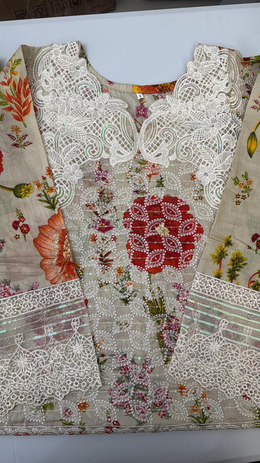 Maria B Inspired 3-Piece Suit with Chiffon Dupatta | Elegant Pakistani Wear Beige (Sizes S–2XL)