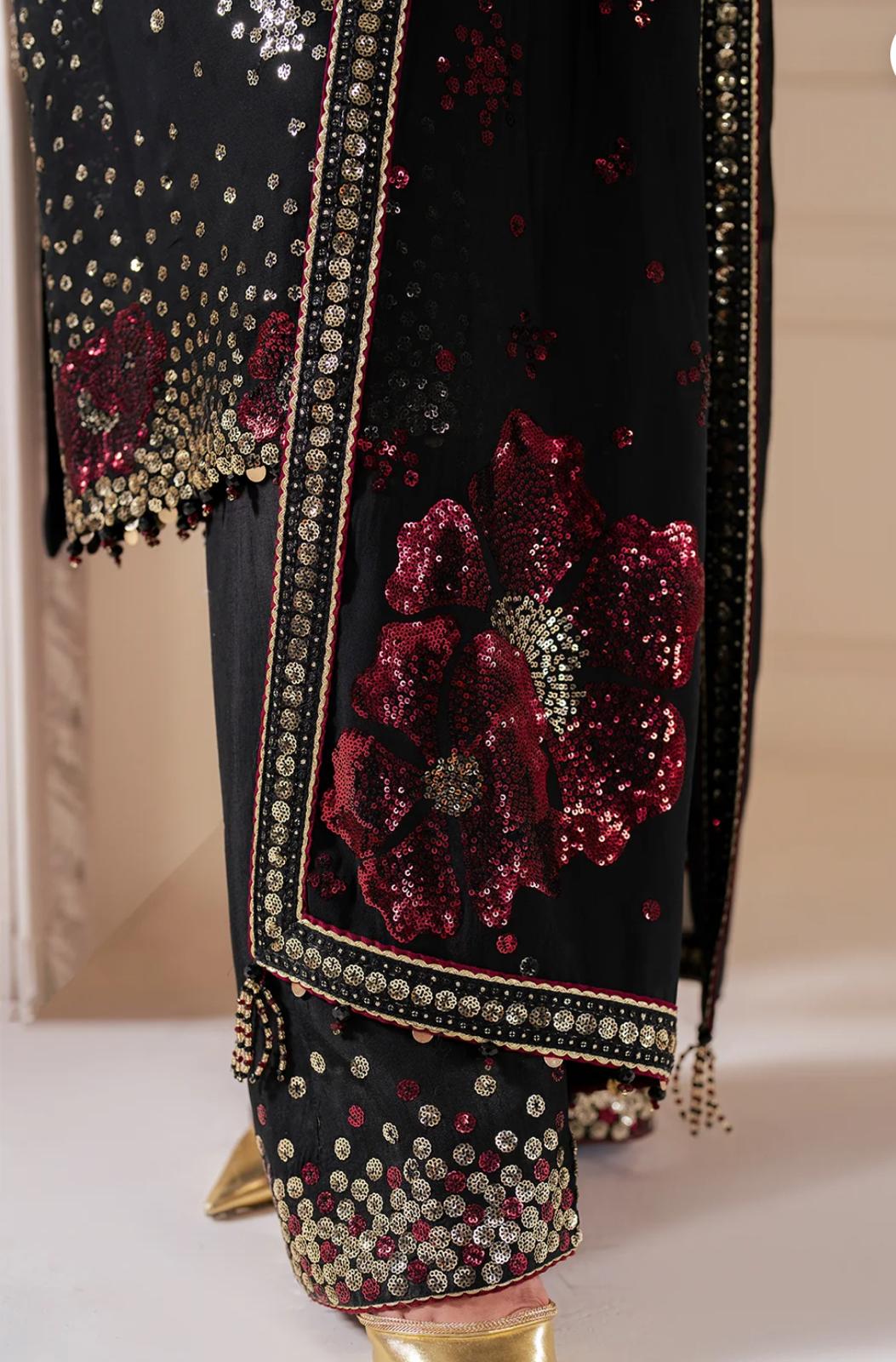 Black Sequin Embroidered Chiffon Suit| Pakistani Designer Wedding Wear