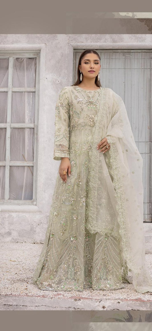 Vana By Simrans Heavy Jewellery Stone Work Embroidered Wedding Maxi – Mint Green Soft Organza (S–XL)