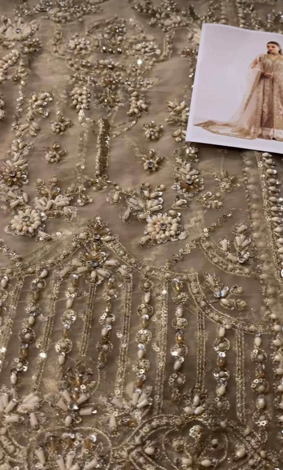 Kanwal Malik NISHA( inspired)- 3 pcs heavy embroidered soft organza shirt and sharara suit..Beige