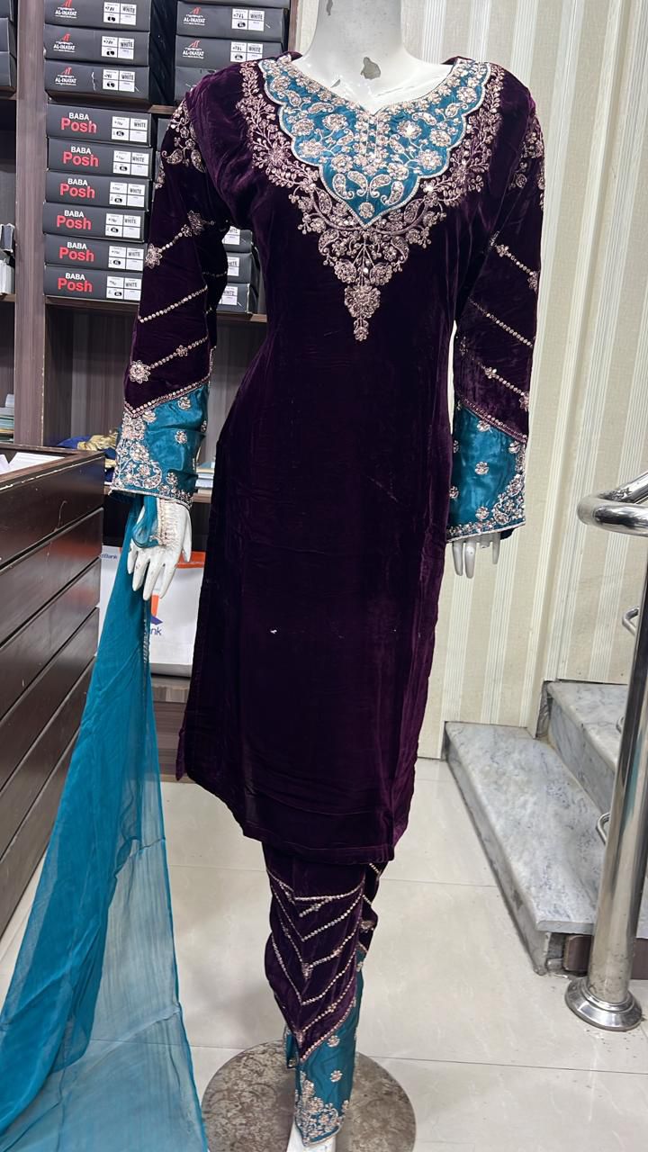 Luxury Velvet - 3pcs Embroidered Velvet Shirt and Trouser..comes with Chiffon Duppatta