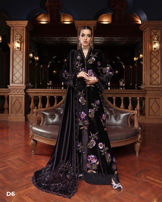 D6 Maria B Inspired Winter Luxe Velvet 3 Piece Suit 2025 – Premium Ready to Wear Velvet Dress with Lining | Sizes S–XXL