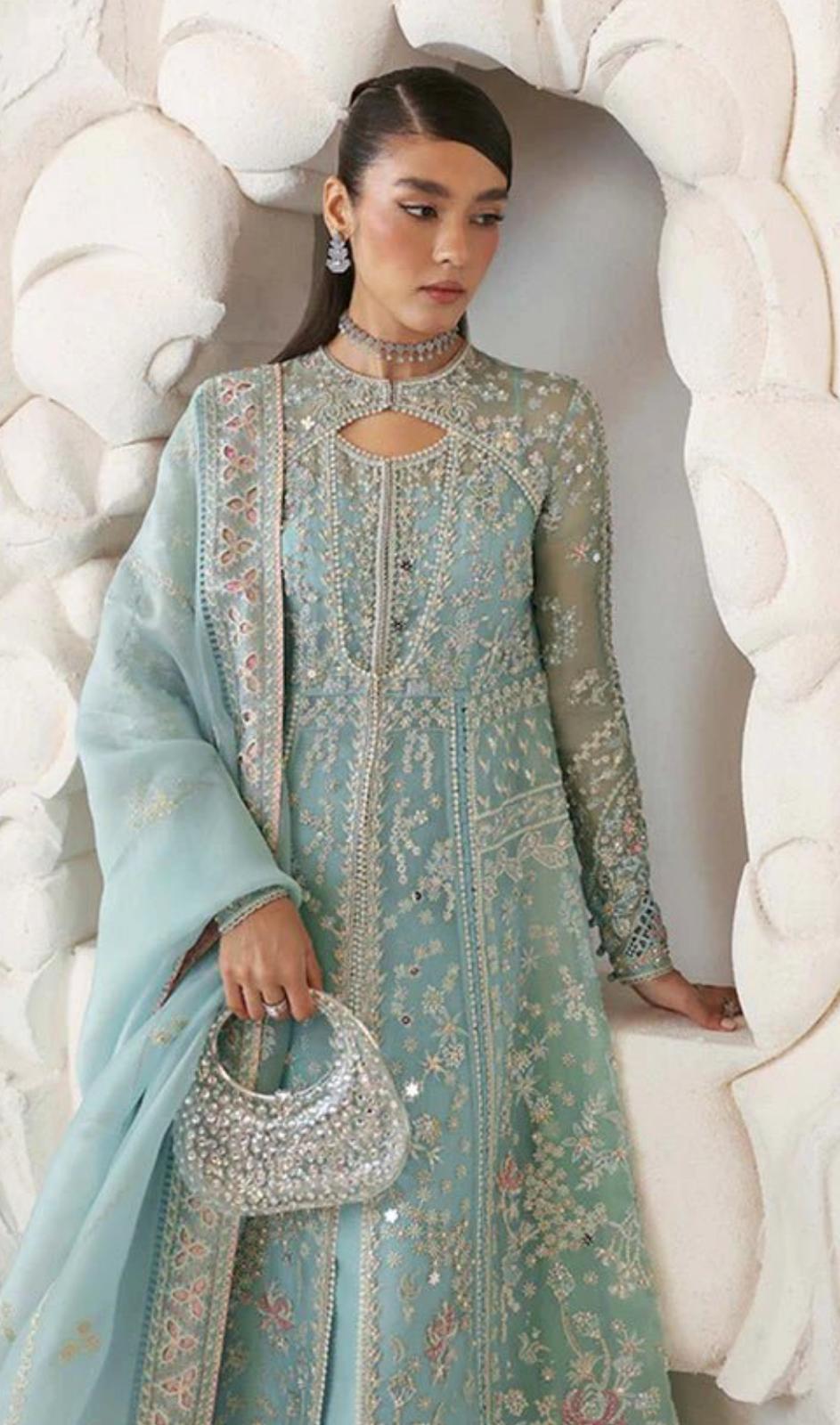 suffuse Iyara ( inspired) Ice Blue colour…3 pcs heavy embroidered soft organza shirt and duppatta..comes with sharara