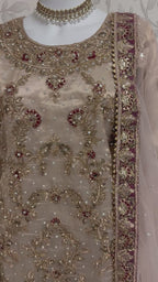 AMAIRA…. Champagne Gold & Maroon Embroidered Pakistani Gharara Suit with Net Dupatta