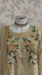 SILKY CHARM Luxury Embroidered Silk Suit with Pearl & Sequin Work