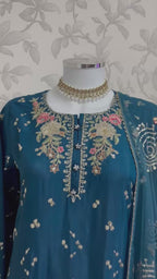Teal Blue Embroidered Pakistani 3 Piece Suit – Luxury Eid Festive Wear