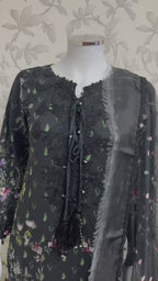 Black Floral Embroidered Lawn Suit – Luxury Pakistani 3 Piece Set with net Dupatta