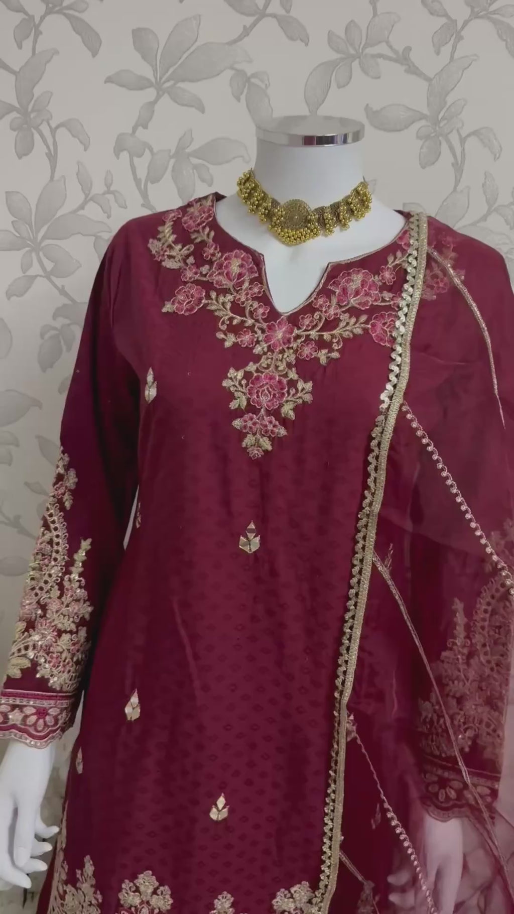 Maroon Embroidered Gharara Suit with organza Dupatta – Luxury Pakistani 3 Piece Set