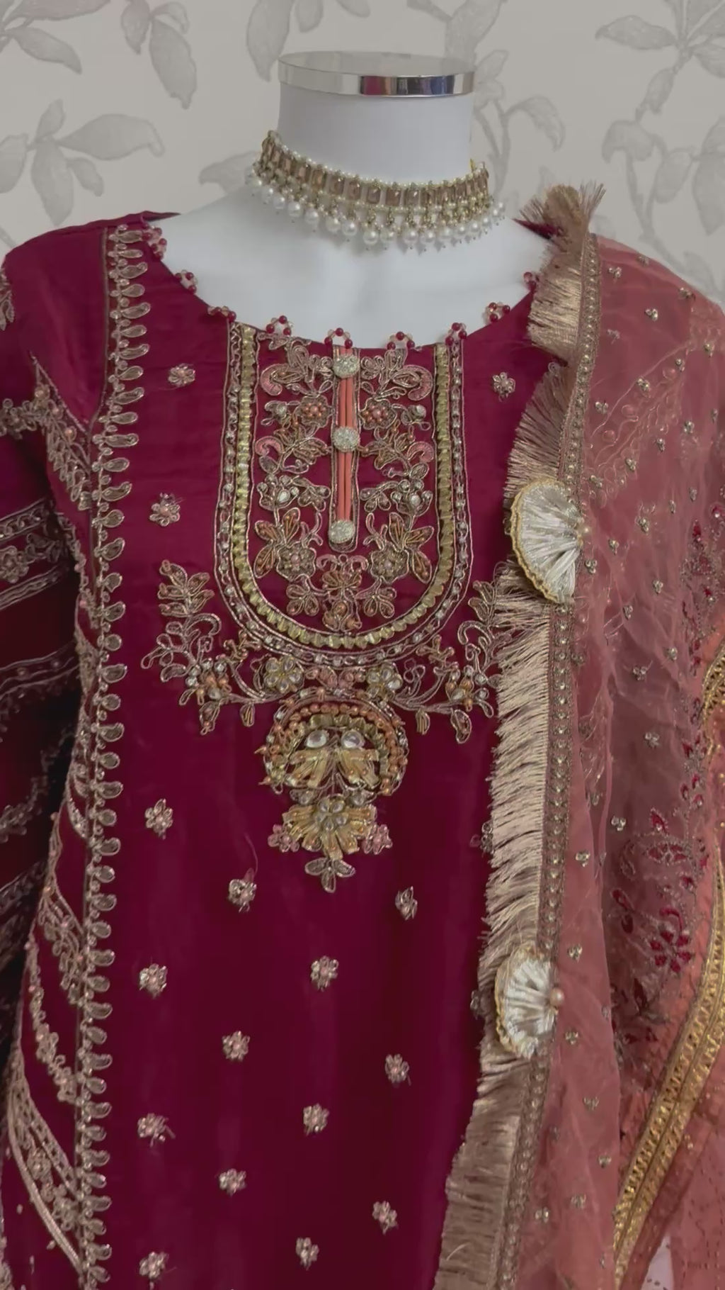 GULAAB…. Deep Maroon Embroidered Pakistani Sharara Suit with Rose Gold Dupatta