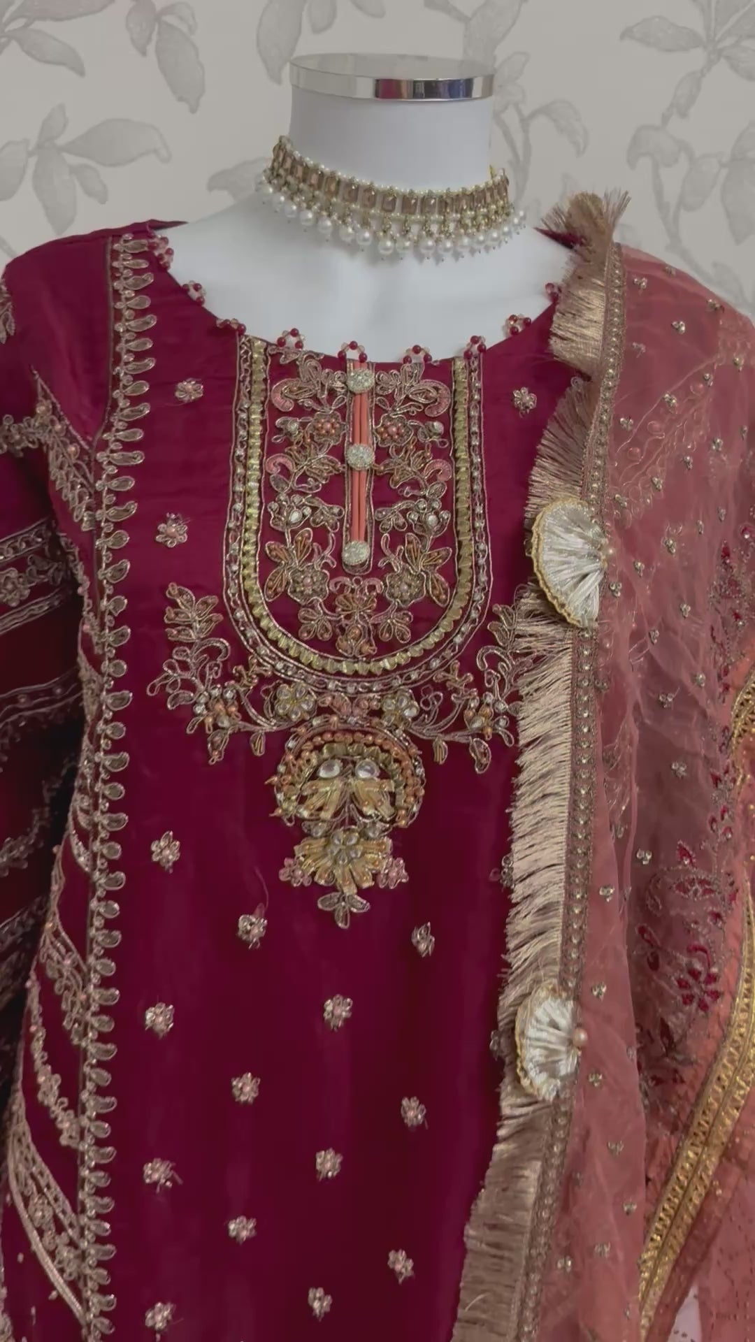 GULAAB…. Deep Maroon Embroidered Pakistani Sharara Suit with Rose Gold Dupatta