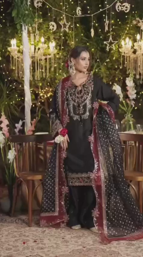 CHAAND RAAT Luxury Embroidered Raw Silk Suit – 3 Piece Collection