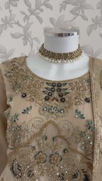 ALANI Champagne Beige Embroidered Peplum Suit | Luxury Pakistani 3 Piece Palazzo Set