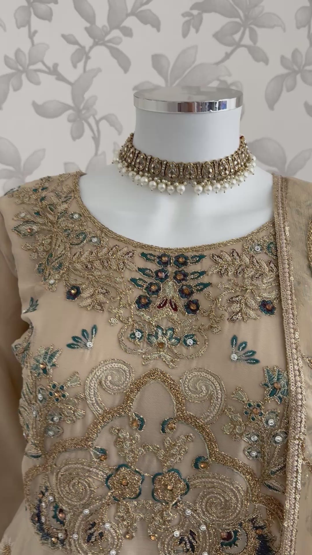 ALANI Champagne Beige Embroidered Peplum Suit | Luxury Pakistani 3 Piece Palazzo Set