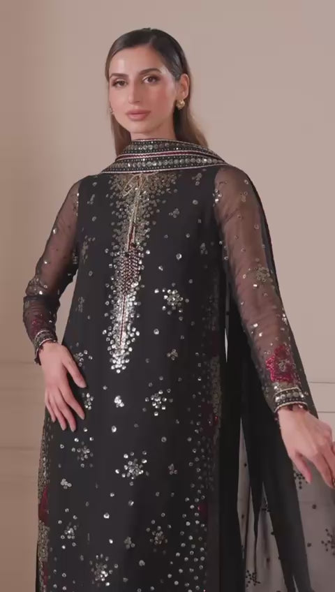 Black Sequin Embroidered Chiffon Suit| Pakistani Designer Wedding Wear