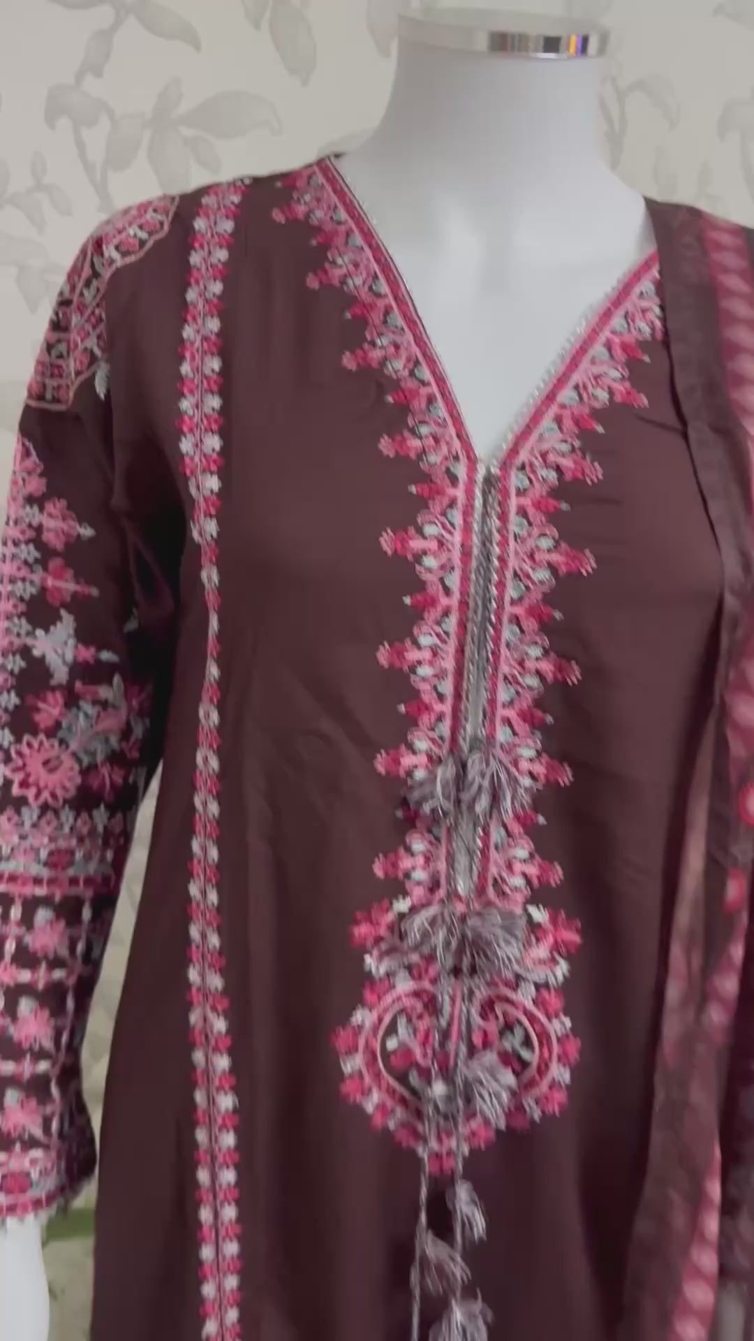HUSN-E-EID Elegance Brown Embroidered Pakistani Suit with Printed Dupatta