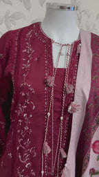 HUSN-E-EID Maroon Embroidered Pakistani 3 piece suit