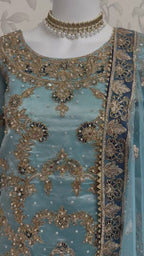 AMAIRA…. Champagne Gold & Maroon Embroidered Pakistani Gharara Suit with Net Dupatta